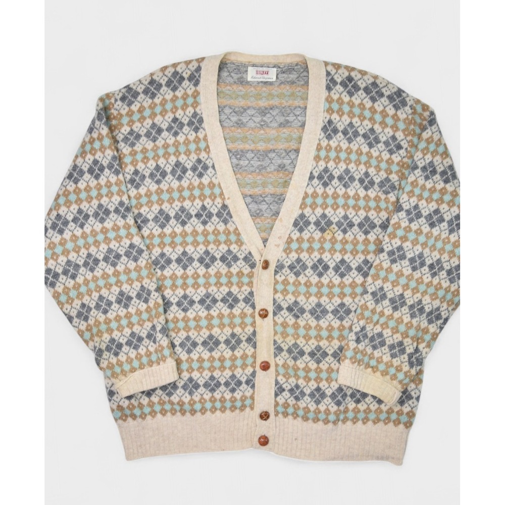 Vintage Sisley Sweater Mens Large Wool Cardigan Relaxed Argyle Made in Italy